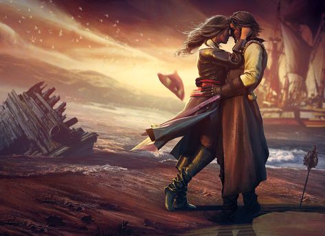 ArtStation - Kiss, Guilherme Batista Pirate Couple Art, Warrior Couple Art, Pirate Love, Warrior Bride, Fantasy Art Couples, Art Couples, Modern Watercolor Art, Pop Art Fashion, Novel Ideas