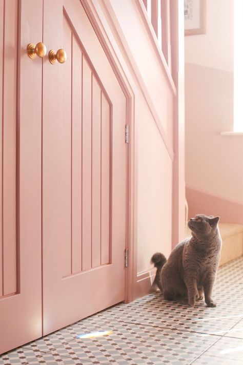 Under Open Stairs Ideas, Open Stairs Ideas, Dusty Lilac Paint, Pink Hallway Ideas, Pink Hallway, Lilac Paint, Creating An Entryway, Hallway Paint, Pink Paint Colors