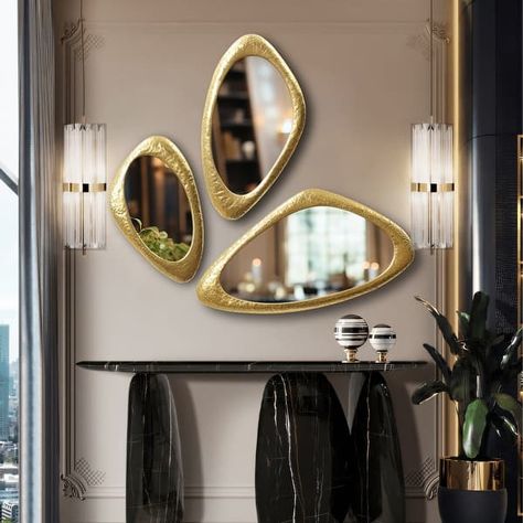 Gold Metal Frame Oblong Wall Mirror (Set of 3) - 38.5" H x 20" W x 0.98" D - On Sale - Bed Bath & Beyond - 40011094 Cream Living Room Decor, Asymmetrical Wall, Cream Living Rooms, Huge Mirror, Wall Mirrors Set, Gold Mirror Wall, Living Room Mirrors, Gold Wall, Mirror Set