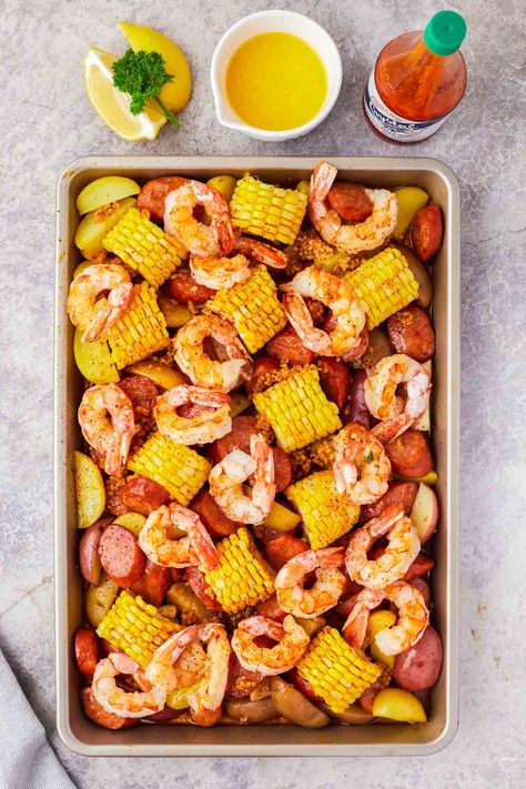 Sheet Pan Shrimp Boil (in the oven) Shrimp Boil In Oven, Low Country Boil Recipe, Oven Roasted Shrimp, Sheet Pan Shrimp Boil, Pan Shrimp Boil, Sheet Pan Shrimp, Pan Shrimp, Seafood Boil Recipes, Sheet Pan Dinners Recipes