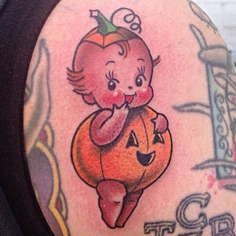 Kewpie Horror Tattoo, Cute Frankenstein Tattoo, Kitschy Tattoo, Devil Baby Tattoo, Cupie Doll Tattoo, Pumpkin Pie Tattoo, Traditional Pumpkin Tattoo, Cute Pumpkin Tattoo, Stacey Martin