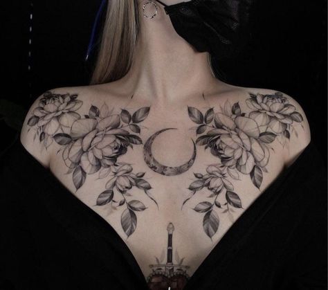 Nature Themed Thigh Tattoos, Witchy Chest Piece Tattoo, Luna Moth Chest Tattoo Female, Flowers On Chest Tattoo, Asymmetrical Chest Tattoo, Collar Bone Chest Tattoo, Chest Bone Tattoo, Gothic Collar Bone Tattoo, Botanical Chest Tattoo