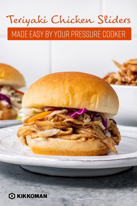 Teriyaki Chicken Sliders | Whether you’re looking for an appetizer, light lunch, or the main entree for a delicious dinner, these sliders are juicy, umami, and perfect to pop in your mouth! Simply stir together Kikkoman® Teriyaki Marinade & Sauce, chicken stock, brown sugar, and spices in your pressure cooker, then cook to perfection. A piquant coleslaw adds bright flavor to the sweet and savory shredded chicken. Serve on slider buns and enjoy a great game day bite or springtime meal! #Kikkoman Teriyaki Chicken Sliders Recipes, Teriyaki Chicken Sliders, Teriyaki Sliders, Sliders Recipes, Sliders Recipes Chicken, Teriyaki Marinade, Sandwich Ideas, Sauce Chicken, Chicken Sliders