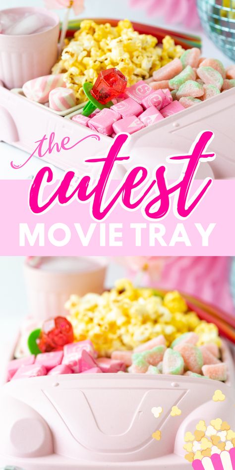 Movie Night Tray Ideas, Barbie Movie Night Snacks, Ladies Movie Night Ideas, Barbie Movie Snacks, Mean Girls Movie Night, Movie Night Tray, Movie Night Snack Bar, Kid Movie Night Snacks, Movie Snack Tray