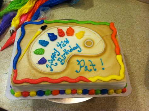 Artist's paint pallet cake Birthday Sheet Cake Ideas, Pallet Cake, Sheet Cake Ideas, Birthday Sheet Cake, Dq Cake, Art Party Birthday, Paint Pallette, Cakes Decorated, Sheet Cake Designs