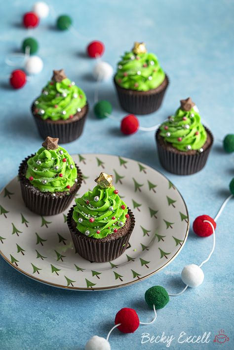 Gluten-free Christmas Tree Cupcakes Recipe (dairy-free option) Christmas Cupcakes Tree, Gluten Free Christmas Cupcakes, Vegan Christmas Cupcakes, Christmas Baking Cupcakes, Simple Christmas Cupcakes, Christmas Mini Cupcakes, Christmas Tree Cupcake Cake, Cupcake Christmas Tree, Festive Cupcakes