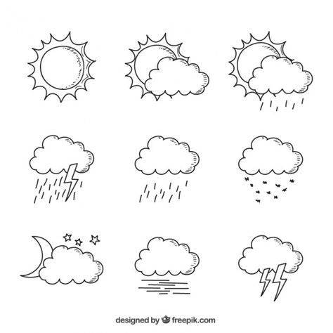 Hand-drawn collection of clouds in diffe... | Free Vector #Freepik #freevector #abstract #snow #hand #cloud Weather Drawings Ideas, Weather Doodles, Procreate Designs, Snow Tattoo, Chalkboard Doodles, Kawaii Cloud, Snow Clouds, Weather Cloud, Cloud Tattoo