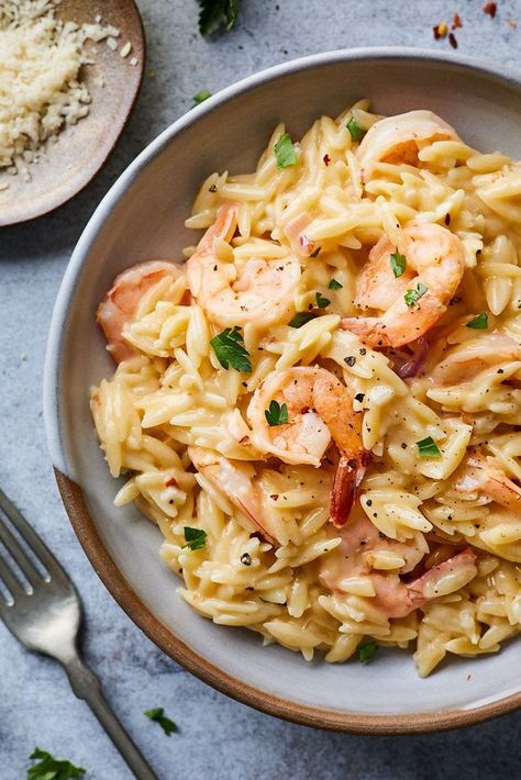 Fish Orzo Recipes, Fish With Orzo, Shrimp Scampi Orzo Recipes, Garlic Butter Prawn Orzo, Lemon Garlic Shrimp Orzo, Fish And Orzo Recipes, Lemon Shrimp Orzo Recipes, Lemon Orzo With Shrimp, Garlic Shrimp Orzo