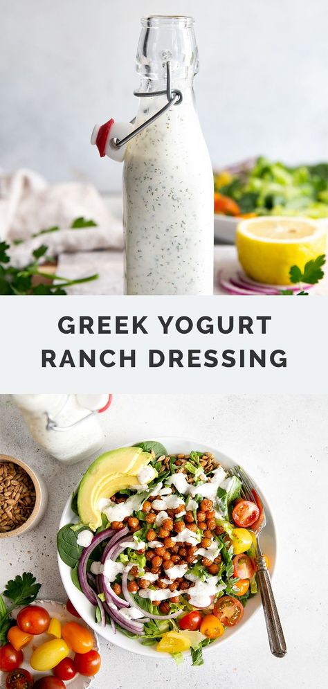 If you have some basic pantry seasonings, greek yogurt and milk, you can make this homemade Greek Yogurt Ranch Dressing – so much more flavorful than store-bought and made with simple ingredients and without buttermilk. This health rand recipe is so easy to make! No blender needed, just whisk everything together in a bowl! It's perfect for salads or used as a veggie dip. Ranch Dressing With Greek Yogurt, Yogurt Ranch Dressing Recipe, Dressing With Greek Yogurt, Greek Yogurt Salad Dressing, Greek Yogurt Ranch Dressing, Healthy Ranch Dressing, Yogurt Ranch, Yogurt Ranch Dressing, Greek Yogurt Ranch