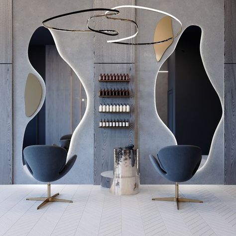 Women's Beauty Salon Design, Salon Mirror Decor, Unique Salon Design, Salon Mirror Design, Cosmetic Salon Interior, Hair Shop Ideas Interior Design, Luxury Salon Design, Interior Beauty Salon, Beauty Studio Decor