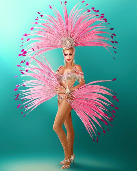 Andora is dressed in a beautiful pink #showgirl #costume #dragqueen #costumequeen #feathers #queenofnyc #style #photoshoot Tropical Burlesque, Flamingo Showgirl, Pink Showgirl, Trinidad Fashion, Showgirl Headdress, Caribbean Carnival Costumes, Drag Queen Costumes, Showgirl Costume, Carnival Fashion