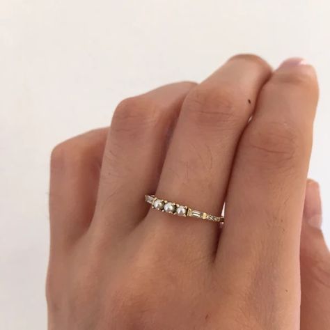 Jennie Kwon Designs | Shop Our Wedding Bands Pearl Ring Design, Jennie Kwon, Dot Ring, Alternative Bridal, Lace Ring, Baguette Diamonds, Cuff Rings, Baguette Cut Diamond, Pave Ring