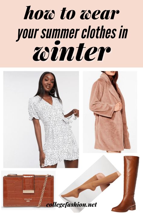 Don’t put your summer closet away just yet. Here's how to style your summer clothes in winter with some cute summer to winter transitional outfits. #summerclothes #summerstyle #winteroutfits #transitionalfashion How To Wear Summer Clothes In Winter, How To Style A Summer Dress For Winter, Summer Clothes In Winter, Summer Dress In Winter, Colorful Faux Fur Coat, Flowy Dress Short, Winter Funny, Summer Wrap Dress, Transitional Outfits