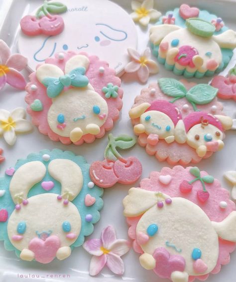 #sanrio #hellokitty #cute #softcore #cinnamoroll #kawaii #pastel #pompompurin #mymelody #kuromi Cinnamoroll Cookies, Sanrio Cookies, Kawaii Cookies, Pastel Cupcakes, Kawaii Dessert, Kawaii Cooking, Cute Baking, Tanah Liat, Cute Snacks