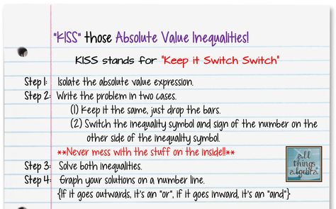 KISS method for solving absolute value inequalities Inequalities Worksheet, Absolute Value Inequalities, Inequality Word Problems, Absolute Value, Maths Algebra, Word Problem Worksheets, Math Methods, Mental Math, Math Tricks