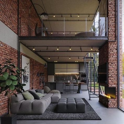 New York Loft Apartment Industrial, Contemporary Sitting Room, Loft House Ideas, Brutalism Interior, Loft Apartment Industrial, Loft Style Homes, Loft House Design, Industrial Home Design, Small House Interior