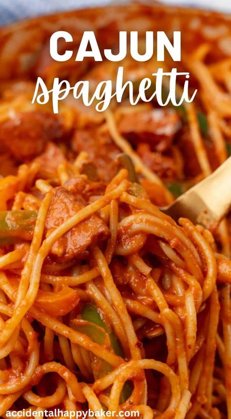 This Cajun Spaghetti is a quick and easy cajun pasta dish with andouille sausage, peppers, onions, and a tomato sauce with a zippy kick to it. From start to finish in less than 30 minutes, this main dish pasta is an easy way to switch up your weeknight spaghetti game! Cajun Spaghetti Recipes, Easy Cajun Pasta, Cajun Spaghetti, Sour Cream Pasta, Sausage Peppers Onions, Cajun Sausage Pasta, Vegetable Slow Cooker, Easy Cajun, Cajun Sausage