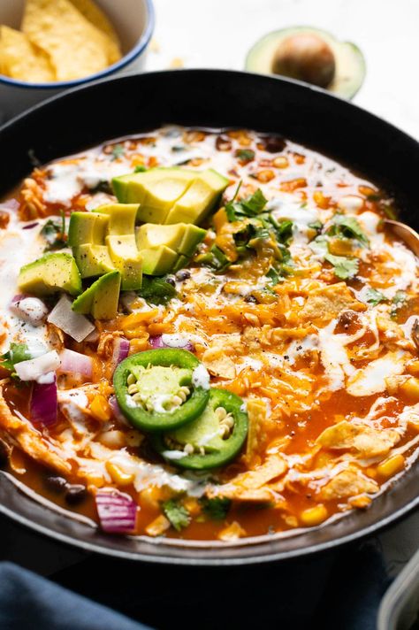 Creamy Chicken Enchilada Soup Healthy Enchilada Soup, Cheesy Chicken Enchilada Soup, Creamy Chicken Enchilada Soup, Instant Pot Chicken Tortilla Soup, Healthy Chicken Tortilla Soup, Chicken Enchilada Soup Recipes, Enchiladas Healthy, Cheesy Chicken Enchiladas, Creamy Chicken Enchiladas