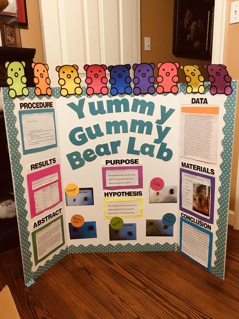 Very interesting results to what gummy bears can do in different solutions. Hope I could talk you into doing this experiment! Yummy Gummy Bear Lab Science Projects, Science Fair Projects Gummy Bears, Gummy Bear Science Fair Project Board, Gummy Bear Osmosis Science Fair Project, Gummy Bear Science Fair Project, Gummy Bear Science Experiment, Science Fair Projects For Elementary, Gummy Bear Science Project, Science Fair Topics