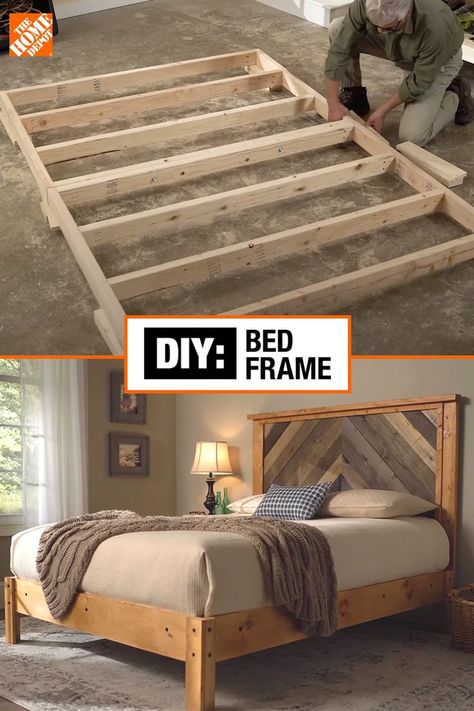 Wooden Bed Frame Diy, King Size Bed Frame Diy, Diy Bedroom Furniture, Queen Bed Frame Diy, Diy King Bed, Bed Frame Diy, Diy King Bed Frame, Wood Bed Frame Diy, Farmhouse Bed Frame