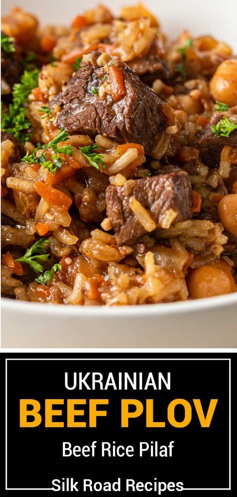 Stewed Beef And Rice, Beef Rice Pilaf Crockpot, Russian Rice Pilaf, Stew Beef And Rice Slow Cooker, Rice Slice Savoury, Beef Pilaf Rice Recipe, Beef Over Rice Recipes, Beef And Rice Dishes, Slow Cooker Beef And Rice