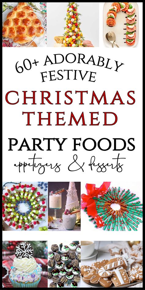 Need fun ideas for Christmas party food? Here are 65+ Christmas themed appetizers and desserts! You'll find finger foods, charcuterie boards, cupcakes, cookies, drinks, holiday desserts - EVERY ONE with a Christmas theme! These are creative and festive ideas that are sure to wow guests! Christmas Themed Party Food, Christmas Themed Appetizers, Christmas Themed Snacks, Christmas Dinner Themes, Christmas Themed Food Ideas, Christmas Themed Food, Fun Ideas For Christmas, Christmas Sangria Recipes, Ideas For Christmas Party