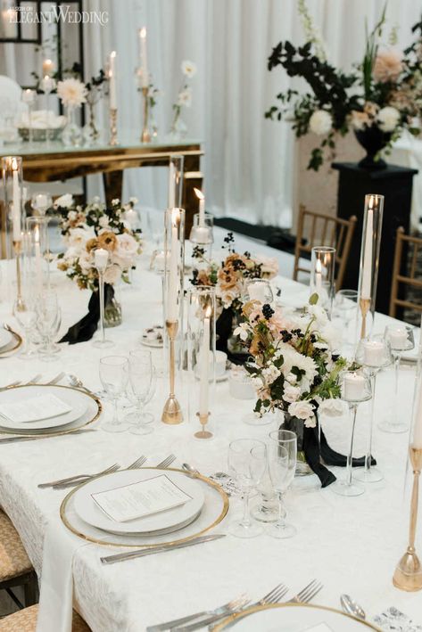 Organic Wedding Table Setting, Gold Wedding Table Decor, Modern Black and White Wedding | ElegantWedding.ca White Wedding Table Setting, Modern Black And White Wedding, Black And White Wedding Theme, Black Gold Wedding, White Wedding Theme, Modern Wedding Decor, Organic Wedding, Black And White Wedding, Black White Wedding