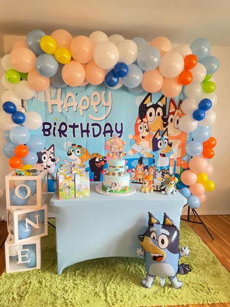 Bluey Theme 1st Birthday, Bluey Party Decorations Ideas, 1st Birthday Boy Bluey Theme, Bluey 1st Birthday Party Ideas, Bluey Theme Birthday Party Decorations, Bluey 1st Birthday Party For Boys, First Birthday Bluey Theme, Bluey Birthday Party Themes, Bluey Birthday Party One Year Old