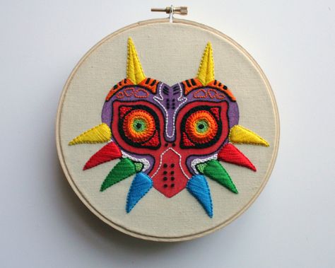 Legend Of Zelda Embroidery, Zelda Embroidery, Majoras Mask Art, Mask Embroidery, Embroidered Wall Art, Embroidery Leaf, Embroidery Hoop Wall Art, Majoras Mask, Zelda Art