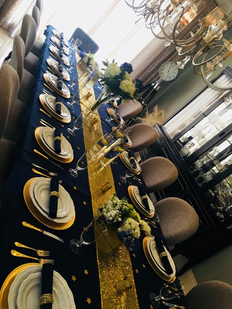 Blue and Gold Party Starry Night Party Blue And Gold Corporate Event, Navy Blue And Gold Birthday Party Ideas Man, Navy Blue Black And Gold Party, Black Blue And Gold Party Table Settings, Navy Blue Gold Party Decorations, Dark Blue And Gold Birthday Theme, Navy Blue And Gold 70th Birthday Party, Blue And Gold Party Decorations For Men, Blue And Gold 30th Birthday Party