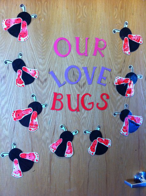 Little Love Bugs Craft, Valentine Day Craft Ideas For Infants, Daycare Crafts Valentines Day, Valentines Day Handprint Crafts For Kids, Valentine’s Day Love Bug Craft, Infant Activities Valentine's Day, Valentines Crafts For One Year Olds, Love Bug Footprint Craft, Love Bug Art For Toddlers