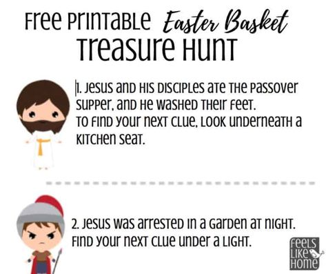 Free printable Christ-Centered Easter basket scavenger hunt for Easter morning - A treasure hunt is a great way to find your Easter basket. This hunt for kids, tweens, or teens uses the main points of the Easter story of Jesus as clues. Awesome Christian fun in riddles. Great for families at home. Religious and Bible-based. Easy clues using both indoor and outdoor spots. Easter Basket Scavenger Hunt, Christ Centered Easter Basket, Easter Basket Hunt, Easter Scavenger Hunt Clues, 21st Birthday Checklist, Christ Centered Easter, Easter Scavenger Hunt, Treasure Hunt For Kids, Treasure Hunt Clues