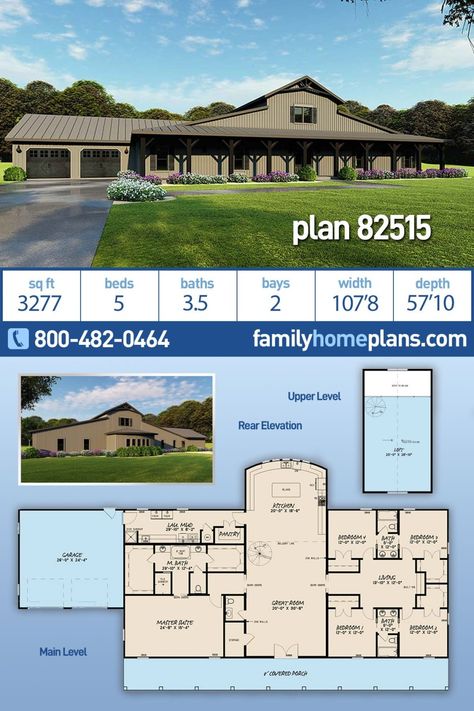 Barn Homes Floor Plans, 5 Bedroom House Plans, Pole Barn House Plans, Barn Style House Plans, Barndominium Floor Plans, 5 Bedroom House, Family House Plans, Barn Style House, Metal Building Homes