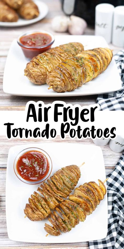 Air Fryer Tornado Potatoes Ribbon Potatoes Air Fryer, Fried Tornado Potato Recipe, Potato Skewers Spiral, Air Fryer Potato Spirals, Different Ways To Use Potatoes, Tornado Potato Skewers, Air Fryer Spiralized Potatoes, Tornado Potatoes Recipe, Spiral Potatoes Baked