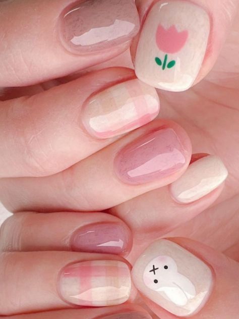 short pink and white pastel nails with a cute accent Korean Spring Nails 2023, Short Nail Designs Cute Korean, Cute Short Nail Designs Pink, Cute Nail Designs Korean, Simple Korean Gel Nails, Korean Gel Nail Designs Simple, Cute Nails Korean Style, Korean Nail Art Designs, Nail Cute Korean Pastel