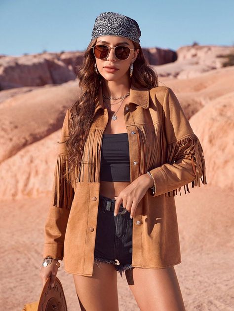 Women's Patchwork Fringe Long Sleeve Jacket Camel Casual  Long Sleeve Fabric Plain Other,Shacket Non-Stretch  Women Clothing, size features are:Bust: ,Length: ,Sleeve Length: Cowboy Baby, Women Jackets, Baby Cowboy, Long Sleeve Jacket, Lingerie Accessories, Cold Weather Outfits, Sleeveless Jacket, Elegant Dresses Long, Cow Boy