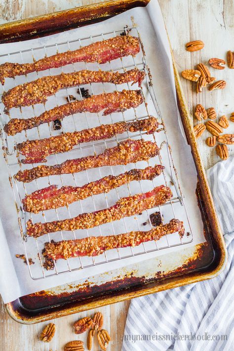 The best recipe for Pecan Sugared Bacon!  It's pure heaven and makes any breakfast even better!  Also great for any holiday.  |  mynameissnickerdoodle.com Sugared Bacon, Pecan Bacon, Bacon Treats, Crunchy Pecans, Bacon Recipes, Lunch Snacks, Best Breakfast, Kitchen Recipes, Cooking Kitchen