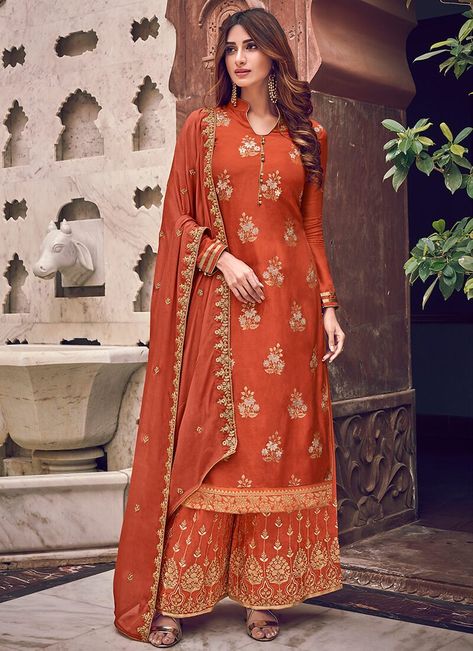 Designer Palazzo, Palazzo Dress, Rust Color Dress, Indian Wedding Lehenga, Palazzo Suit, Silk Bottoms, Chiffon Fashion, Indian Suits, Designer Dresses Indian