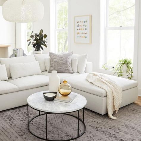 Restoration Hardware Cloud Sofa, Tattoo Modern, Marble Round Coffee Table, White Sectional, Comfortable Sectional, Apartment Decoration, White Couches, Table Marble, Storage Chaise