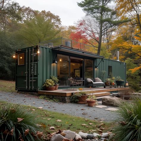 The Top 5 DIY Container Cabin Projects in the US, According to Home Builders Container Home Designs Floor Plans, Cabin Container, Single Container House, Container Tiny House, Rustic Shipping Container Cabin, Shipping Container Log Cabin, Container Home, Shipping Container Lake House, 40’ Shipping Container Home