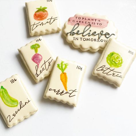 Veggie Cookies, Garden Cookies, Cookie Inspiration, Baby Shower Cookies, Seed Packets, Cookie Designs, Birthday Cookies, Let Them Eat Cake, Eat Cake