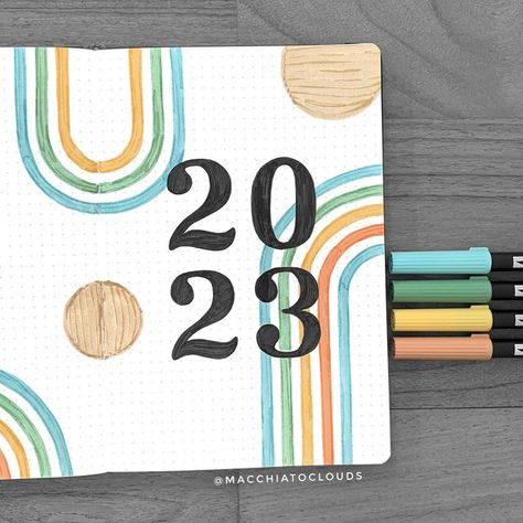 2023 Bujo Cover Ideas, 2025 Cover Page, Bujo Yearly Cover Page, Bujo 2024 Ideas, Bujo Year Cover 2023, Year Journal Cover, Bujo Year Cover 2024, Bujo Cover Page Ideas 2024, Journal 2023 Cover