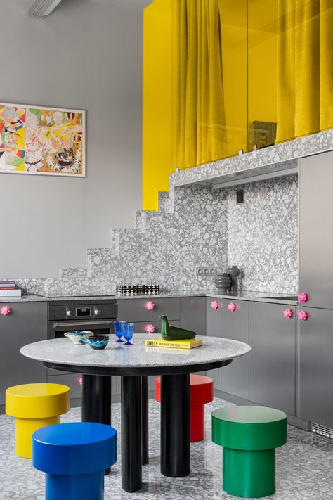 Anthony Authié of Zyva Studio designs Paris loft for himself Memphis Furniture, Gray Terrazzo, Paris Loft, Narrow Staircase, Mini Loft, Kitchen Drawing, Brutalist Design, Memphis Design, Green Cabinets