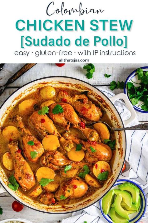 This easy one-pot Colombian Chicken Stew will satisfy your comfort food cravings. Chicken drumsticks, bell pepper, onions, and potatoes, are simmered in a flavorful broth to tenderness in just minutes. | allthatsjas.com | #chicken #stew #Colombian #latincuisine #easy #instantpot #slowcooker #healthy #quick #comfortfood #allthatsjas #recipes #onepot #glutenfree #dairyfree #potatoes #sazongoya #dutchoven #castiron #paleo #keto Colombian Appetizers, Colombian Chicken, Sancocho Colombiano, Mexican Soups, Columbian Recipes, Colombian Dishes, Chicken Drumstick, Pollo Guisado, Chicken Drumstick Recipes