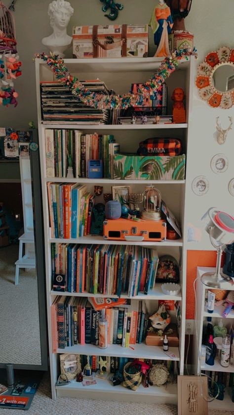 Bookshelves Maximalist, Maximalist Organizing, Bookshelf Maximalist, Maximalist Bookshelves, Crochet Bookshelf Decor, Cluttered Bookshelf Aesthetic, Maximalist Bookshelf Styling, Small Maximalist Apartment, Maximalist Shelves