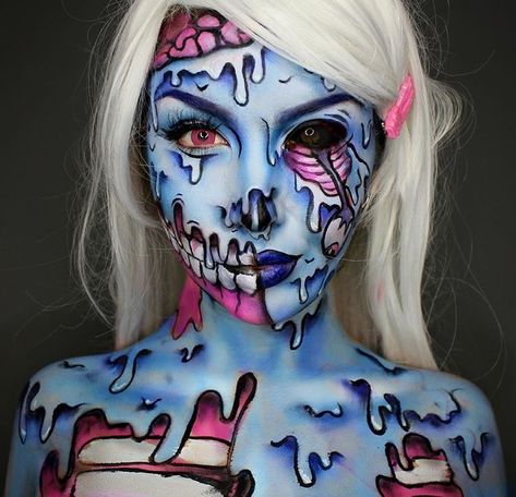 Super cute (kinda) melty cartoon zombie pinup look. Body paints and FX makeup for Halloween and Theatre. Pop Art Zombie, Makeup Clown, Makeup Zombie, Fantasy Make-up, Halloweenský Makeup, Halloween Make-up Looks, Amazing Halloween Costumes, Pop Art Makeup, Horror Make-up