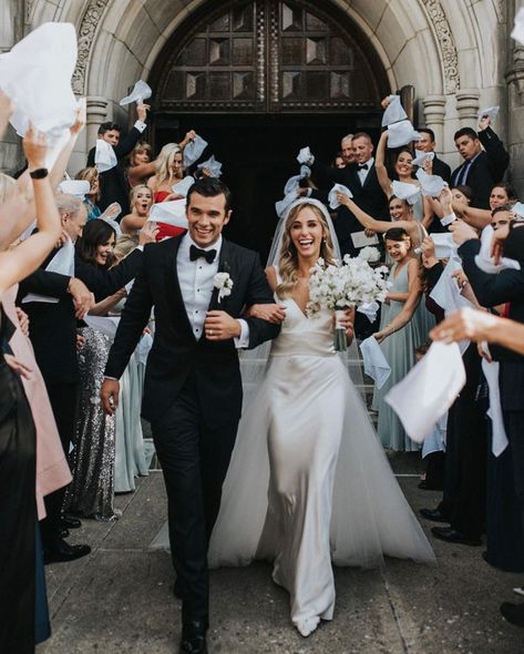 White wedding, black tie, post-ceremony church exit. Lauren Swickard, Josh Swickard, Hollywood Glamour Wedding, Old Hollywood Wedding, Wedding Exit, Wedding Portrait Poses, Cincinnati Wedding, Wedding Exits, Hollywood Wedding