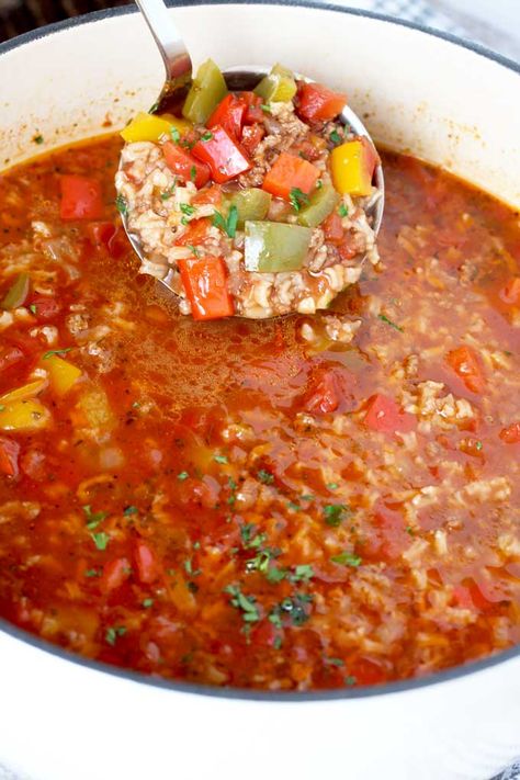 Stuffed Pepper Soup ladled form a Dutch oven, Bell Pepper Soup, Texas Kitchen, Winter Foods, Inexpensive Dinners, Budget Cooking, Family Friendly Recipes, Stuffed Pepper, Pepper Soup, Dutch Oven Cooking