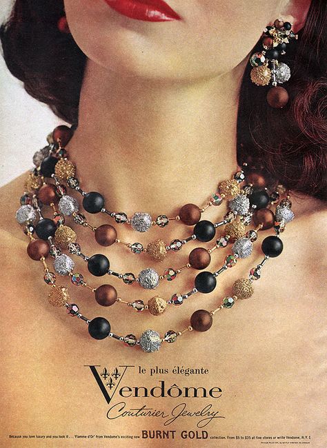 Vendome 1960 Burnt Gold design line Costume Jewelry Makers, Vendome Jewelry, Jewellery Advertising, 60s Jewelry, Patti Hansen, Vogue Vintage, 1960s Jewelry, 1960s Style, Lauren Hutton