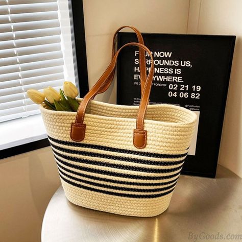 Large Stripe Summer Beach Woven Straw Purse Rattan Weekender Bags Crochet Handle Boho Tote Bag Weaving Handbag Crochet Handles, Boho Tote Bag, Bags Crochet, Straw Purse, Weekender Bags, Boho Tote, Straw Tote Bag, Straw Tote, Weekender Bag